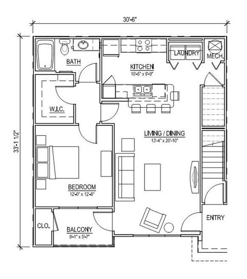 A floor plan of a small apartment with a balcony.